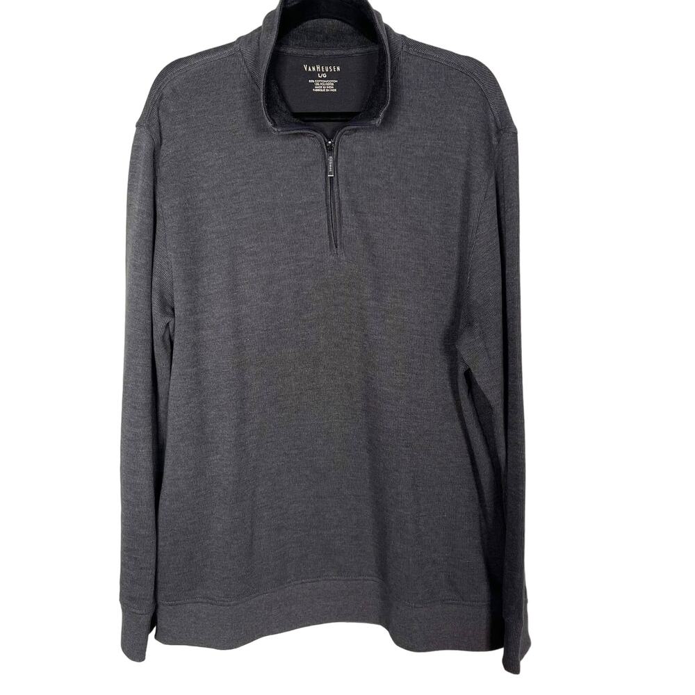 Van Heusen Mens Large L Charcoal Gray 1/4 Zip Pullover Sweater Mock Neck Cotton